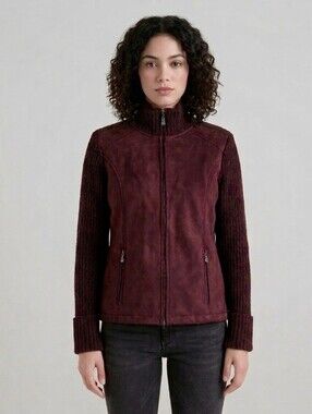 VTG Lady Hathaway Women Jacket Y2K Gorpcore Hybrid Suede Knit Burgundy L Fits S